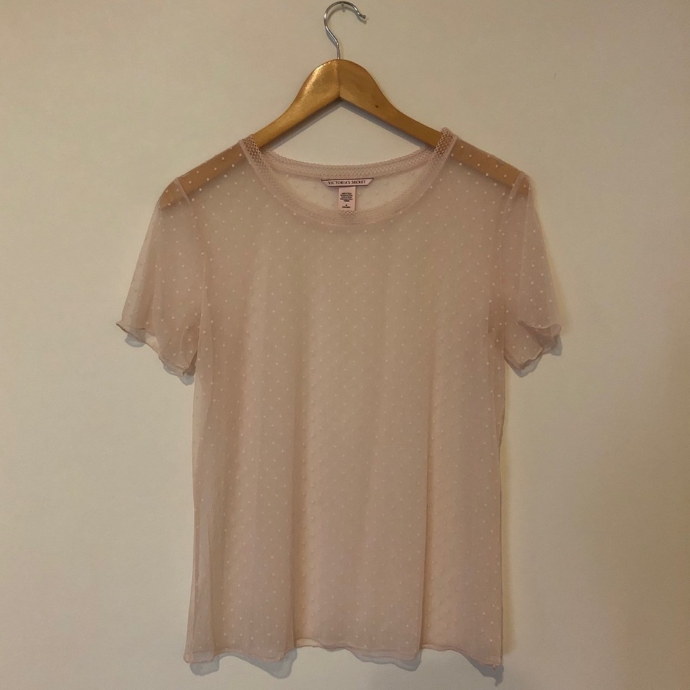 sheer pink polka dot shirt